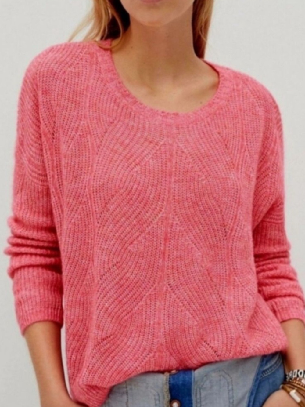 Anthropologie Keely Pink Cable Knit Wool Blend Sweater Pullover Oversized Soft